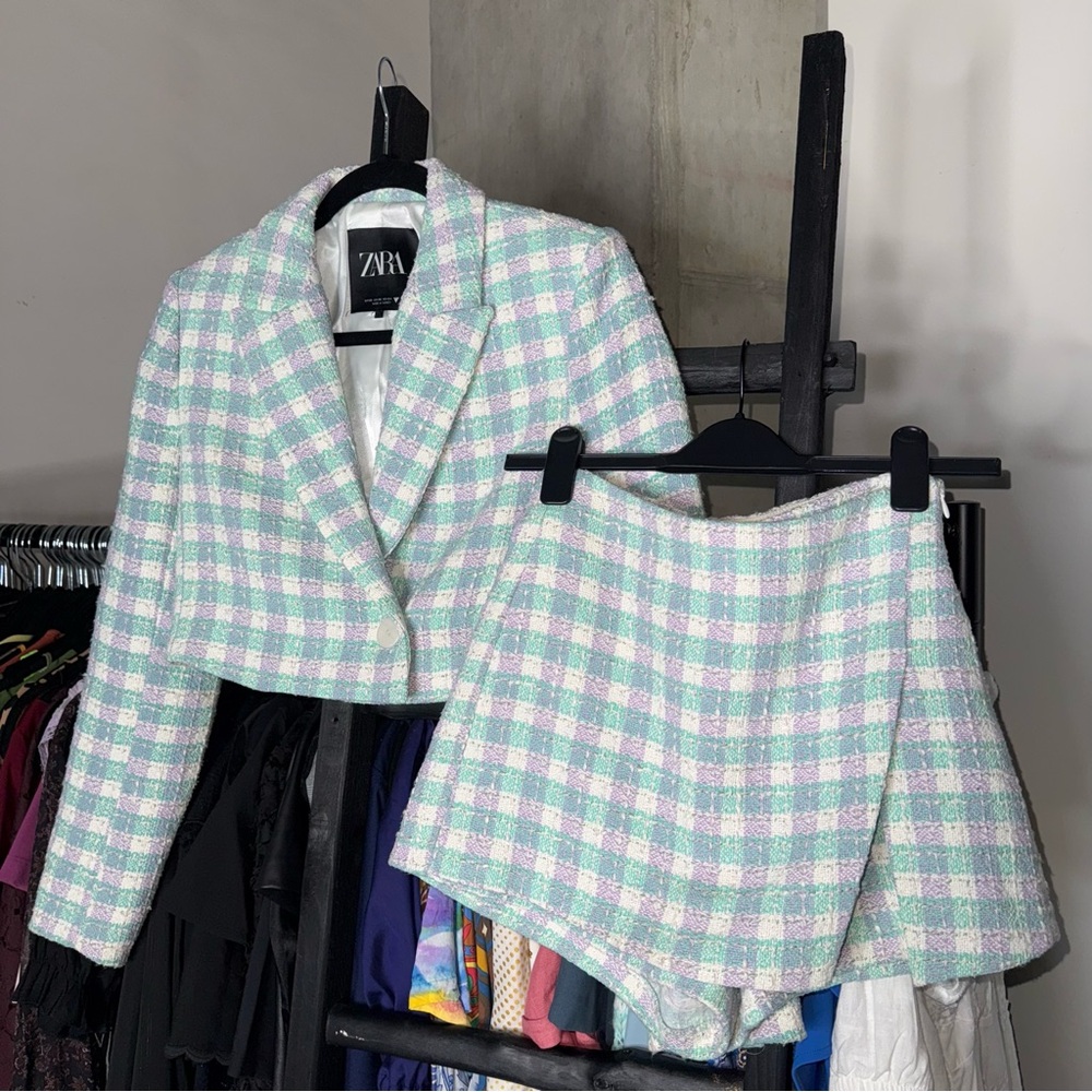 Zara Pastel Plaid Cropped Blazer and Skort Set - Picture 6 of 17